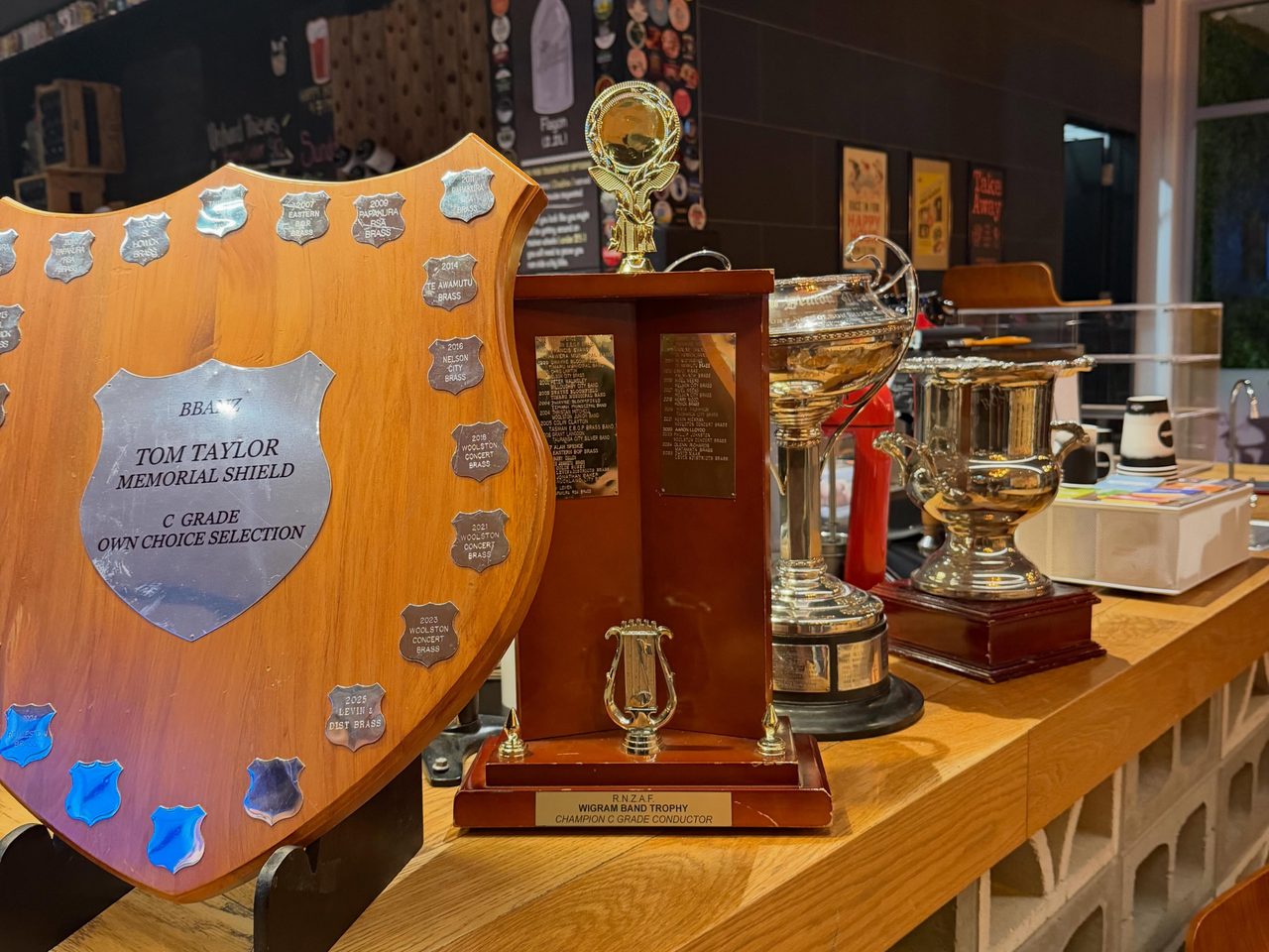 Trophies and contest shields won by Rolleston Brass